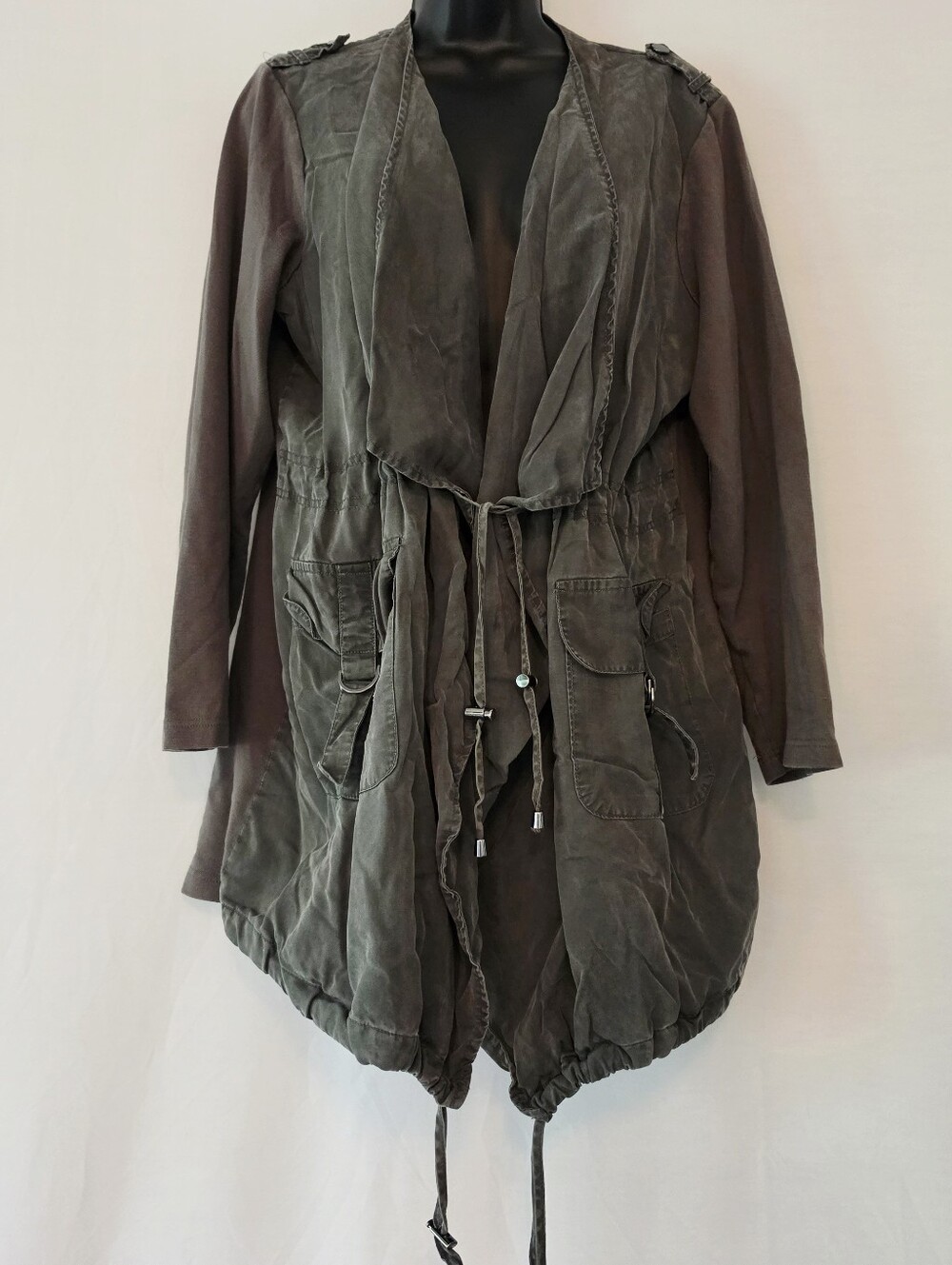 Dalia Anorak Jacket SZ 1X Olive Green Drawstrings Open Front Stretchy Lined